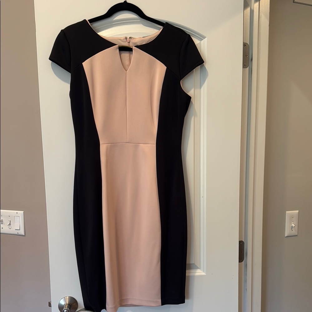 Signature by Sangria Pink and Tan Sheath Dress Crew Neck Midi